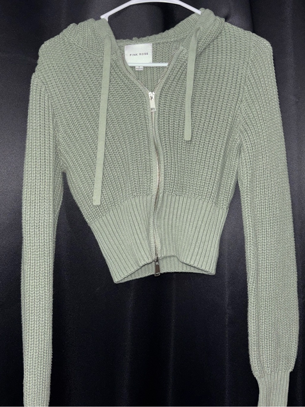 Pink Rose Light Sage Ribbed Knit Cropped Hoodie